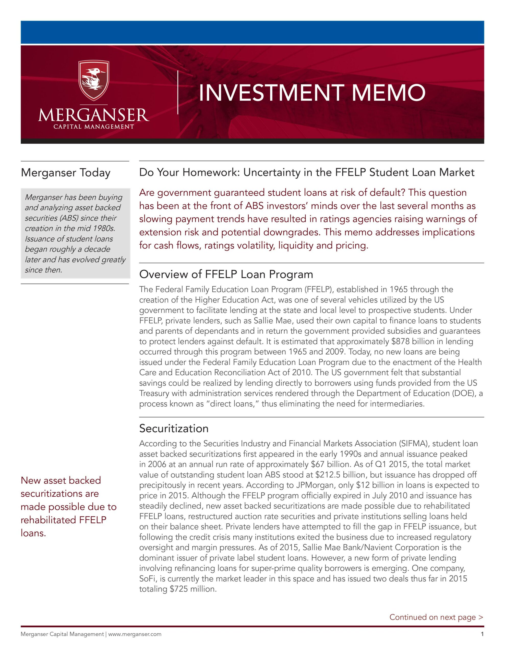 Investment Memo Uncertainty in the FFELP Student Loan Market