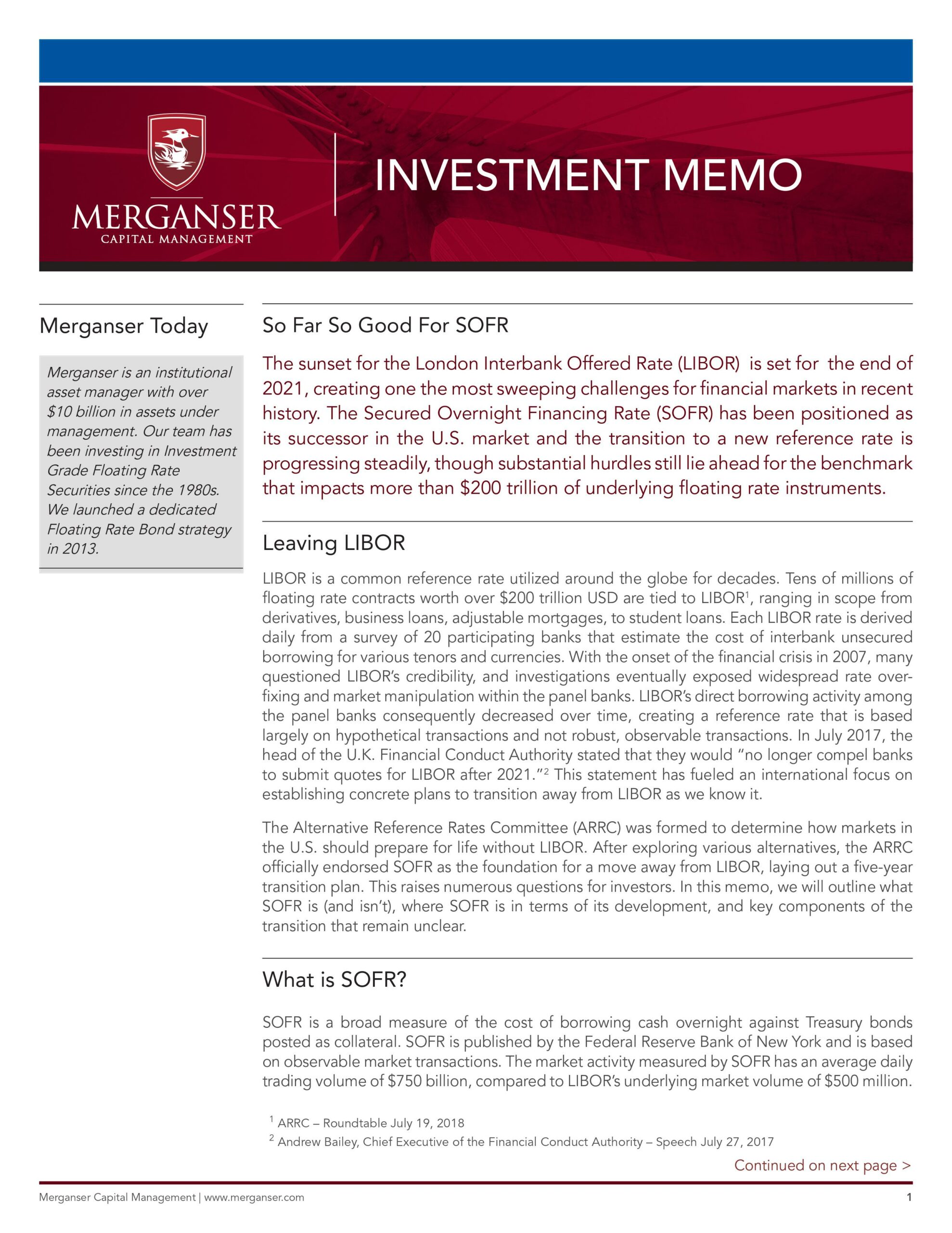 Merganser Investment Memo So Far So Good for SOFR